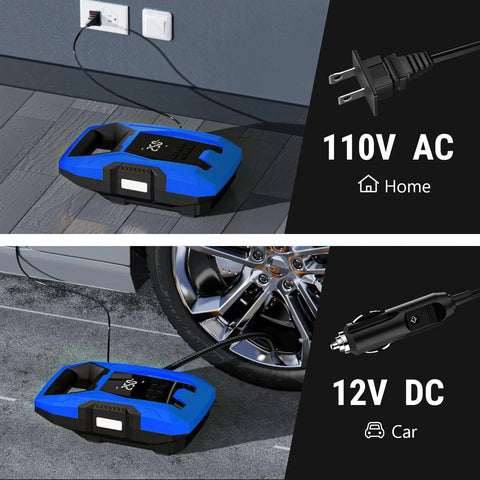 No Drama Portable Tire Inflator Air Compressor with AC and DC plugs for versatile use at home and in vehicles.