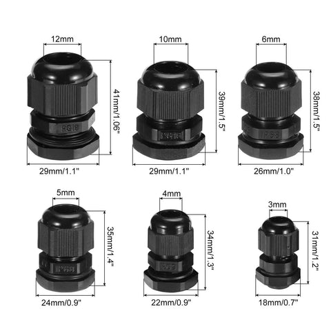 Assorted sizes of black nylon glands from Waterproof Cable Glands Kit For Electrical Projects Black Nylon Glands Joints And Wire Protectors Weatherproof Seal Kit With Easy Install For Outdoor And Indoor Electrical Gear And Enclosures.
