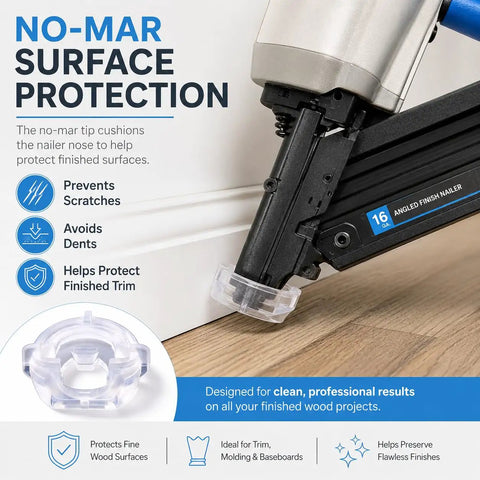 Heavy Duty 16 Gauge Angled Finish Nailer No Mar Rubber Tip Replacement Set Five Piece showing no-mar tip on hardwood floor.