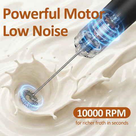 Rechargeable Milk Frother Handheld Electric Coffee Mixer Wand On The Go With Stainless Steel Whisk creating froth in milk