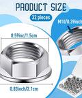 Close-up view of a M10 stainless steel hex flange locking nut, 32 pieces, product dimensions displayed, rust resistant.