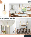Mid Century Modern Large Gold Globe Pendant Light Plug In With Brushed Brass Finish And White Glass Minimalist Sphere Hanging Lamp Easy Cord Plug In Setup Fourteen Point Seven Six Foot Cord For Flexible Height And Room Essentials displayed in kitchen and hallway settings.