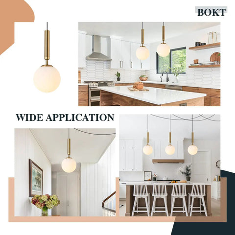 Mid Century Modern Large Gold Globe Pendant Light Plug In With Brushed Brass Finish And White Glass Minimalist Sphere Hanging Lamp Easy Cord Plug In Setup Fourteen Point Seven Six Foot Cord For Flexible Height And Room Essentials displayed in kitchen and hallway settings.