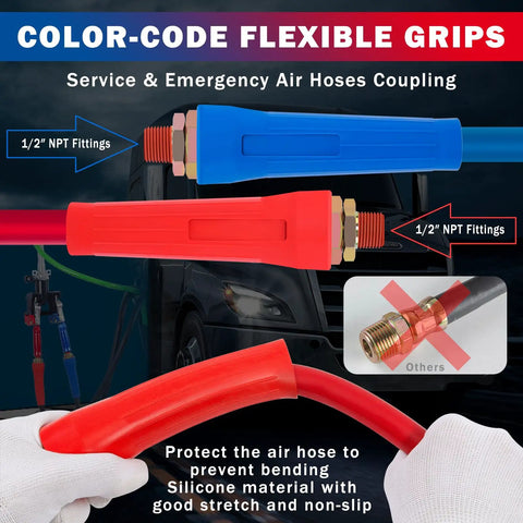 12 Ft Semi Truck Air Line Hose Assembly With Tender Spring Gladhands And Handles Durable Rubber Air Brake Hoses Kit, red and blue coded with flexible grips