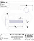 Solid 1/4 20 X 3/4 Inch Thumb Screws With Black Plastic Tee Knobs, tool-free dimensions and specifications diagram.