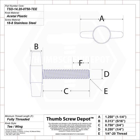 Solid 1/4 20 X 3/4 Inch Thumb Screws With Black Plastic Tee Knobs, tool-free dimensions and specifications diagram.