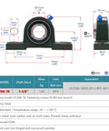 Front and side views of XIKE UCP206-18 pillow block bearing; 1-1/8 in bore, solid cast-iron base, chrome sealed bearings.