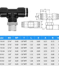 Push To Connect Tee Fittings For Air Lines 3/8 Inch Tube OD X 1/4 Inch NPT Thread Male Branch Quick Connect Pack Of 2 diagram
