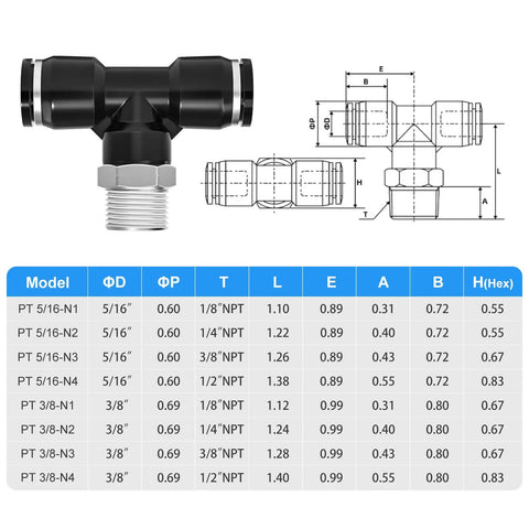 Push To Connect Tee Fittings For Air Lines 3/8 Inch Tube OD X 1/4 Inch NPT Thread Male Branch Quick Connect Pack Of 2 diagram