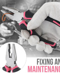 Hand holding Mini Compact Pink 24 Piece Household Tool Kit pliers with soft grip, ideal for DIY repairs and maintenance.