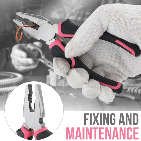 Hand holding Mini Compact Pink 24 Piece Household Tool Kit pliers with soft grip, ideal for DIY repairs and maintenance.