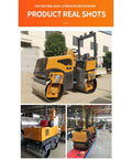Heavy Duty 800kg Hydraulic Double Drum Vibratory Road Roller Crushes Pavement Repair Jobs With Rock Solid Asphalt, outdoor view.