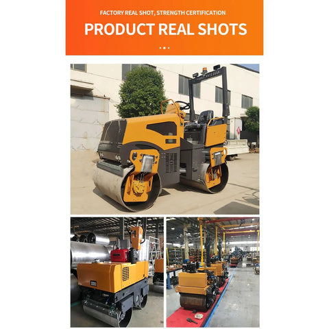 Heavy Duty 800kg Hydraulic Double Drum Vibratory Road Roller Crushes Pavement Repair Jobs With Rock Solid Asphalt, outdoor view.