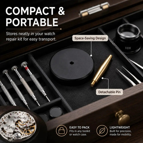 Compact Precision Balance Wheel Holder For Mechanical Watches With Non Magnetic Brass Pin And Anti Slip Base in toolbox