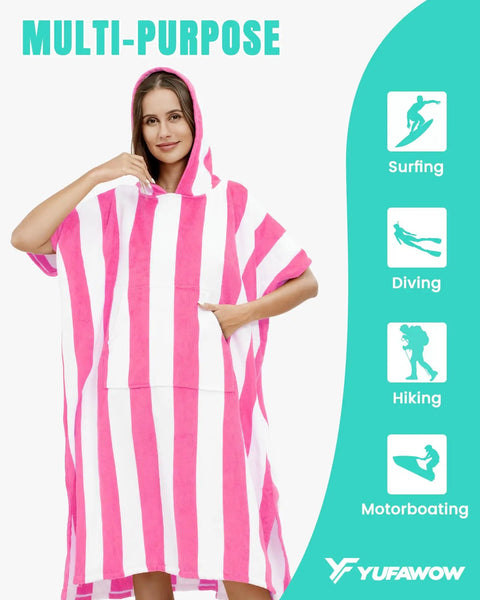 Woman wearing pink and white Hooded Surf Poncho Towel For On The Go Privacy Women Men Changing Robe with front kangaroo pocket.