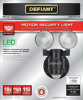 Two Head LED Outdoor Motion Activated Flood Light In Black, 180 Degree Coverage, 1100 Lumens, shown on product packaging