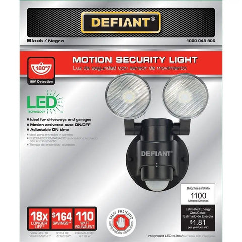Two Head LED Outdoor Motion Activated Flood Light In Black, 180 Degree Coverage, 1100 Lumens, shown on product packaging