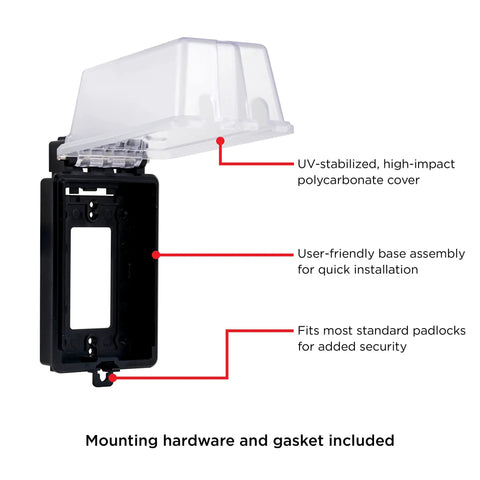 Weatherproof Outdoor Outlet Cover For Single Gang Electrical Box, UV stabilized polycarbonate with padlock latch