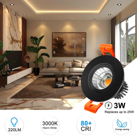 Living room with installed 2 Inch LED Downlight Kit With 3W Recessed Lighting 220LM COB Dimmable 3000K Warm White CRI80 Black Trim LED Ceiling Lights With Driver 12 Pack Energy Saving EZ Install