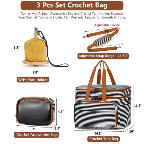 3 Piece Crochet Bag Set With Wrist Yarn Holder Large Waterproof Yarn Tote Knitting Organizer With Adjustable Strap For Hooks And Needles Up To 14 Inches Tangle Free Travel Case For Crochet Junkies