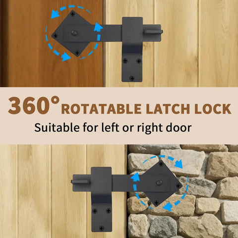 6 Inch Barn Door Flip Latch Lock Heavy Duty Gate Latch showing 360° installation on wood and stone surfaces