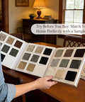 Person holding carpet sample book in home setting for Ultra Plush Carpet Stair Treads With Bullnose Edges Non Slip Gel Backing That Grips Smooth Stairs Tape Free Washable And Reusable Pet Friendly Indoor Stair Protectors 14 Pieces In Light Gray.