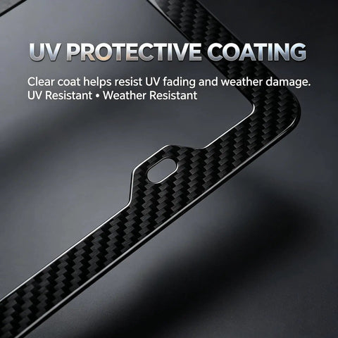 Slick Real Carbon Fiber License Plate Frame 2 Hole Slim Black Gloss Car Tag Holder Rust Proof Rattle Free with UV coating.