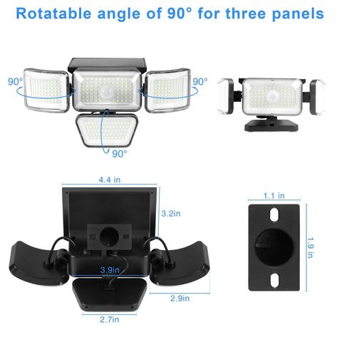 Beefy 4 Head Solar Security Flood Lights With Motion Sensor, 278 LED 3000LM, rotatable panel angles and dimensions