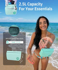 Woman holding IPX7 Waterproof Fanny Pack with Magnetic One Hand Closure Dry Bag on beach, emphasizing 2.5L capacity.