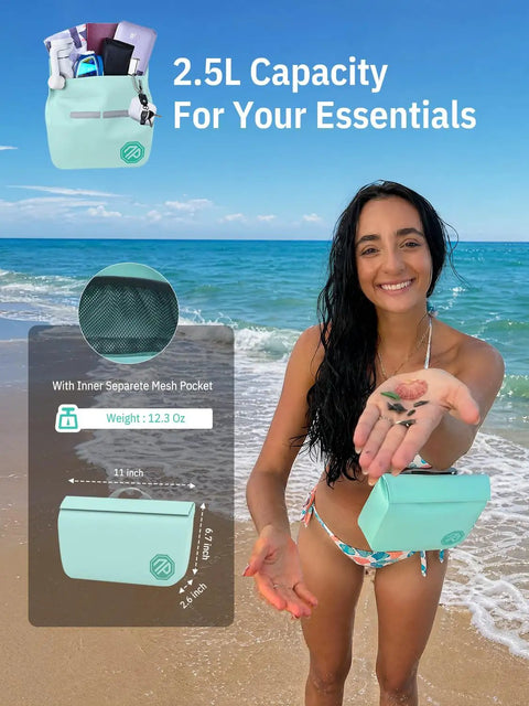 Woman holding IPX7 Waterproof Fanny Pack with Magnetic One Hand Closure Dry Bag on beach, emphasizing 2.5L capacity.