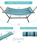 10.5Ft Double Hammock With Curved Spreader Bars For Two People, Heavy Duty Outdoor Hammock With Detachable Pillow, Blue Green Color, displayed with dimensions and packaging options.
