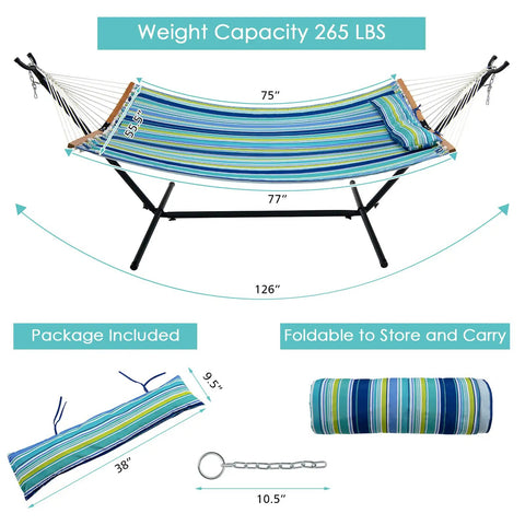 10.5Ft Double Hammock With Curved Spreader Bars For Two People, Heavy Duty Outdoor Hammock With Detachable Pillow, Blue Green Color, displayed with dimensions and packaging options.