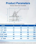 Diagram showing dimensions of Two Pack Full Port Ball Valve Three Quarter Inch NPT Male To Female 304 Stainless Steel Heavy Duty