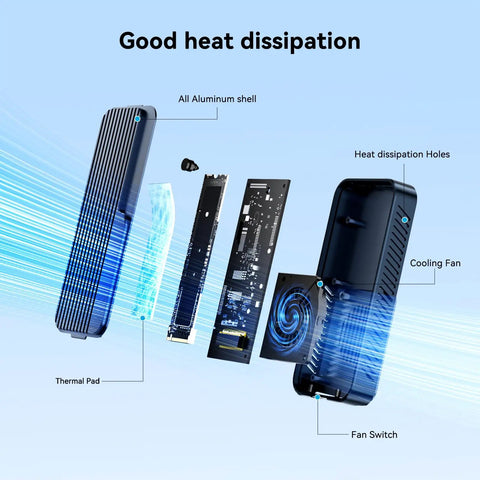 Badass M.2 NVMe SSD Enclosure With Smart Fan Cooling Supports Up To Eight TB Portable Drive showing cooling fan and aluminum shell.