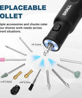 Close-up of replaceable collet on Superior Kickass Cordless Rotary Tool Kit with various attachments for diverse projects.