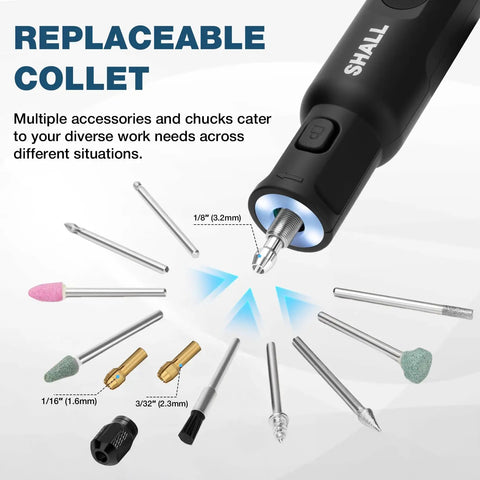 Close-up of replaceable collet on Superior Kickass Cordless Rotary Tool Kit with various attachments for diverse projects.