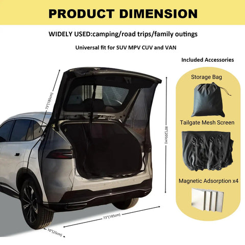 Tailgate Mesh Screen For SUV And Minivan, No-See-Ums Mosquito Prevention And Cabin Ventilation displayed on SUV with storage bag