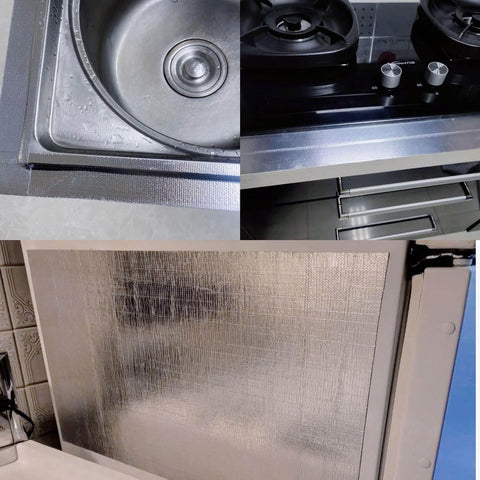 Self-Adhesive Aluminum-Fiberglass Heat Shield Wrap, 15 By 48 Inches, installed on sink, stove, and oven.