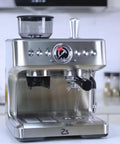 Kickstart Mornings With This Sleek Stainless Steel Espresso Machine Featuring A Built In Grinder 20 Bar Pressure Pump Automatic Milk Frother And Spacious Tank For Smooth Lattes And Totally Dope Brews, showcasing control panel and grinder.