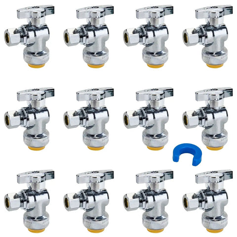 12 Pack Angle Stop Valve Set 1/2 x 3/8 Inch Compression Toilet Shutoff 1/4 Turn Easy Install No Lead Brass Push To Connect Fittings