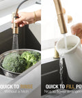 Modern Champagne Gold Kitchen Faucet With Pull Down Sprayer And Dual Function Head in action rinsing broccoli and filling a pot.
