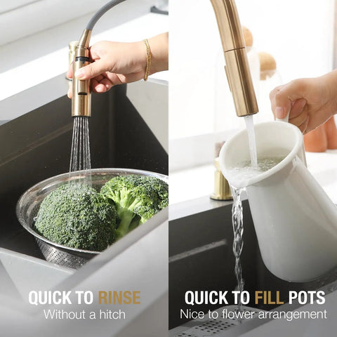 Modern Champagne Gold Kitchen Faucet With Pull Down Sprayer And Dual Function Head in action rinsing broccoli and filling a pot.