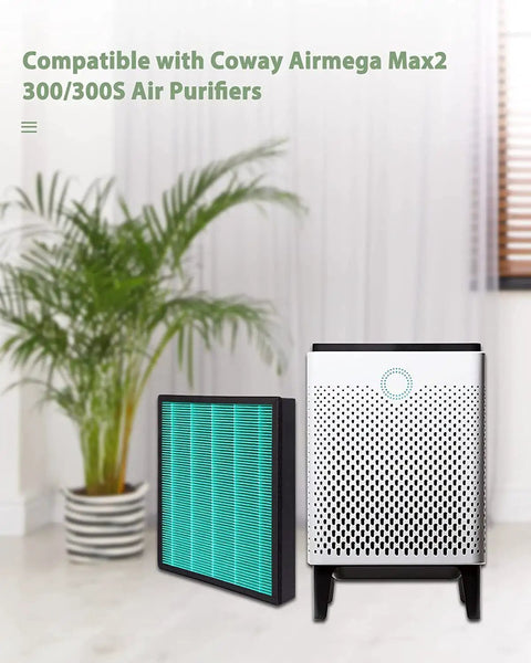 Two Pack Replacement Filter For Coway Airmega 300 And 300S Purifiers displayed with air purifier