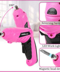 Pink Tool Set For Women 122 Piece With 3.6V Rotatable Electric Screwdriver showing LED light, reversing switch, magnetic head.