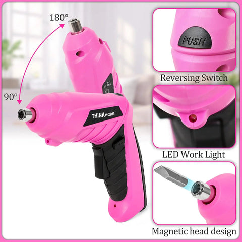 Pink Tool Set For Women 122 Piece With 3.6V Rotatable Electric Screwdriver showing LED light, reversing switch, magnetic head.