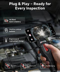 2 Way Articulating Borescope With Light For Phone Endoscope Camera, handheld grip with phone showing engine inspection