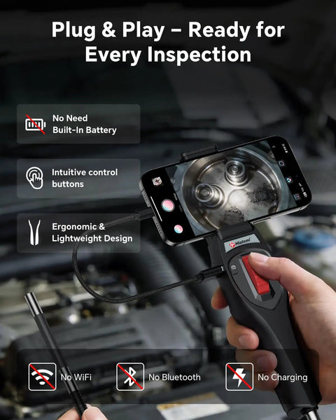 2 Way Articulating Borescope With Light For Phone Endoscope Camera, handheld grip with phone showing engine inspection