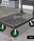 Set Of Four 10 Inch Pneumatic Caster Wheels Featuring Heavy Duty Rubber Tires That Roll Smoother Than Saturday Morning With Two Swivel And Two Rigid Brackets Built Tough For Yard Gear And Tools on a utility cart.