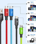 4 in 1 Multi Charging Cable for Car and Travel On The Go 2 Pack 5Ft Nylon Braided USB C USB A Micro Cables Tangle Free Fast Charge