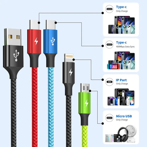 4 in 1 Multi Charging Cable for Car and Travel On The Go 2 Pack 5Ft Nylon Braided USB C USB A Micro Cables Tangle Free Fast Charge